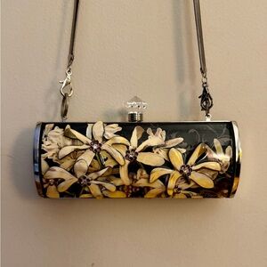 Debbie Brooks “Tahiti Flower” Black and Yellow Clutch with Silver Chain